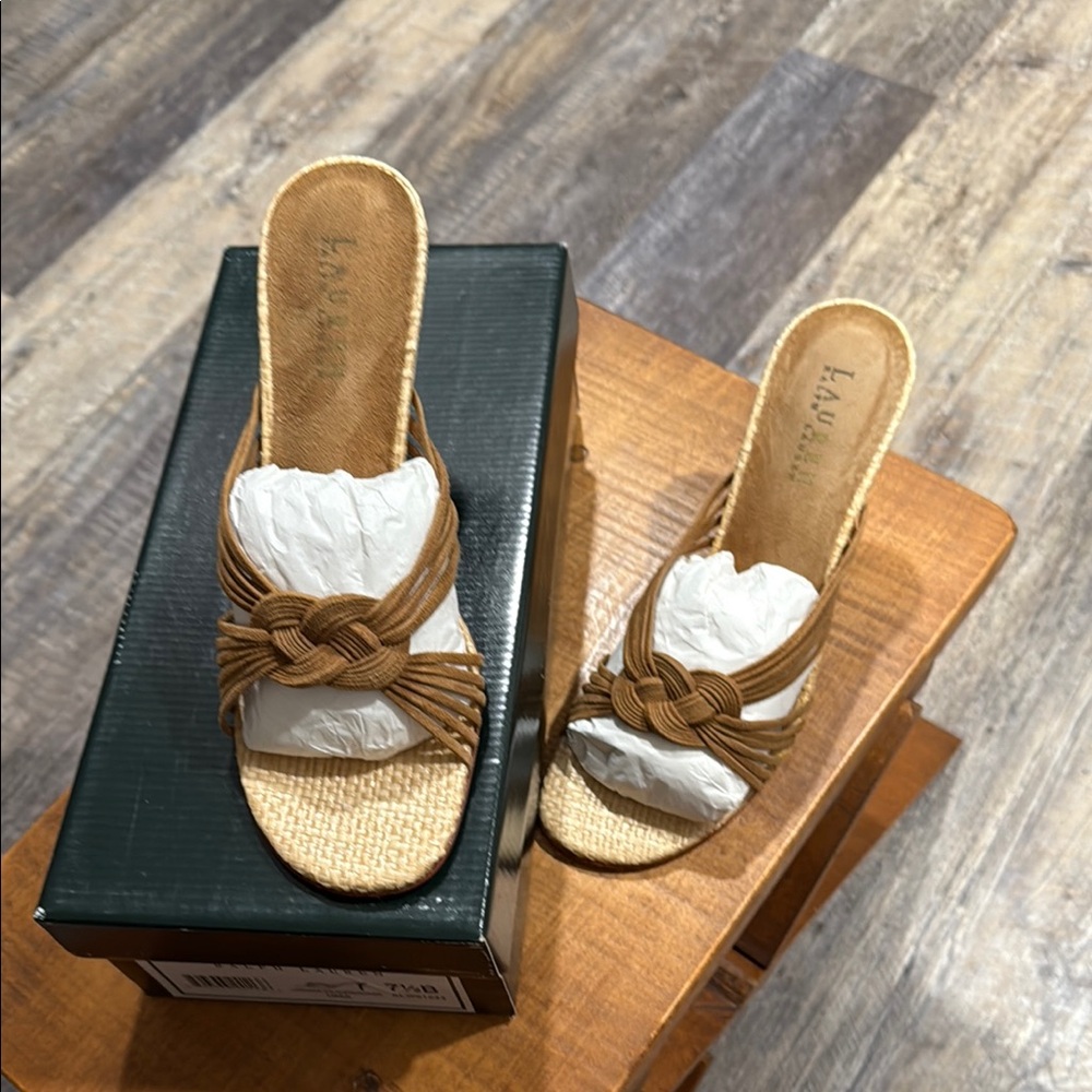 Lauren Ralph Lauren Tan Luggage Kid Suede/Straw Uma Kitten Heels